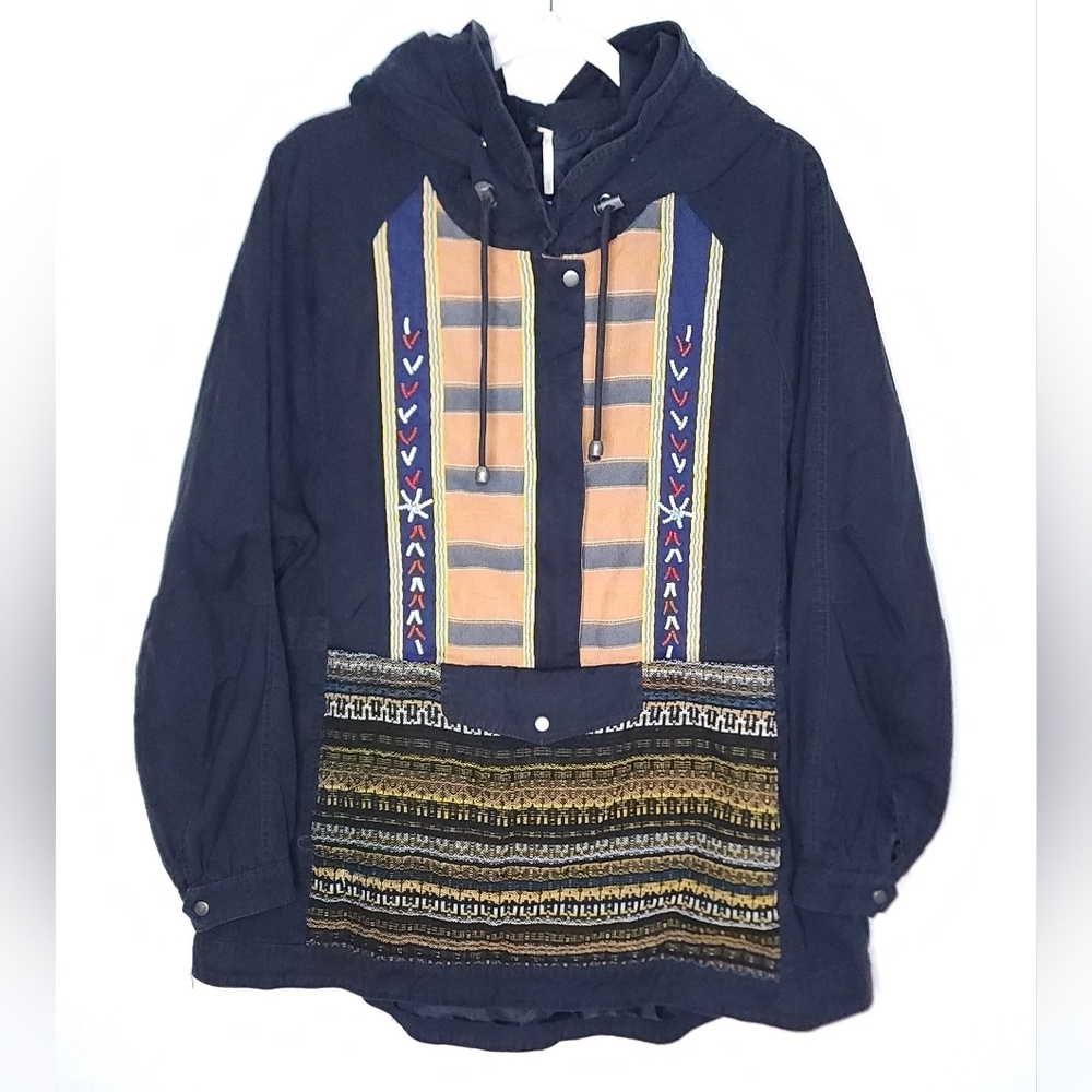 Free People Navy Embroidered Tribal Oversized Jacket Women's M Lagenlook Boho